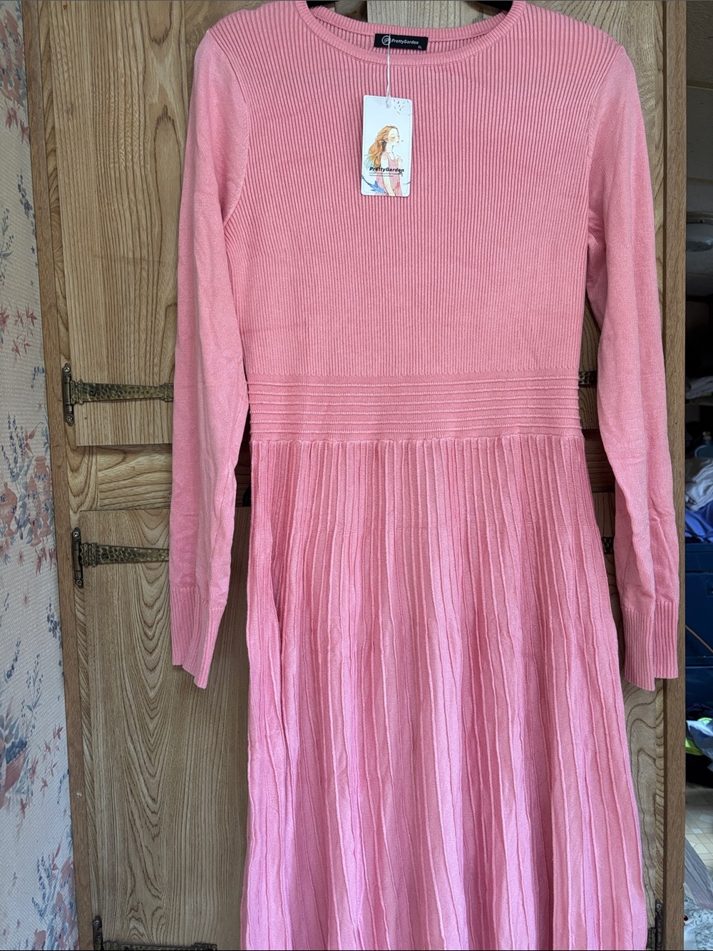 pink long-sleeve ribbed knit midi sweater dress💖 size XL